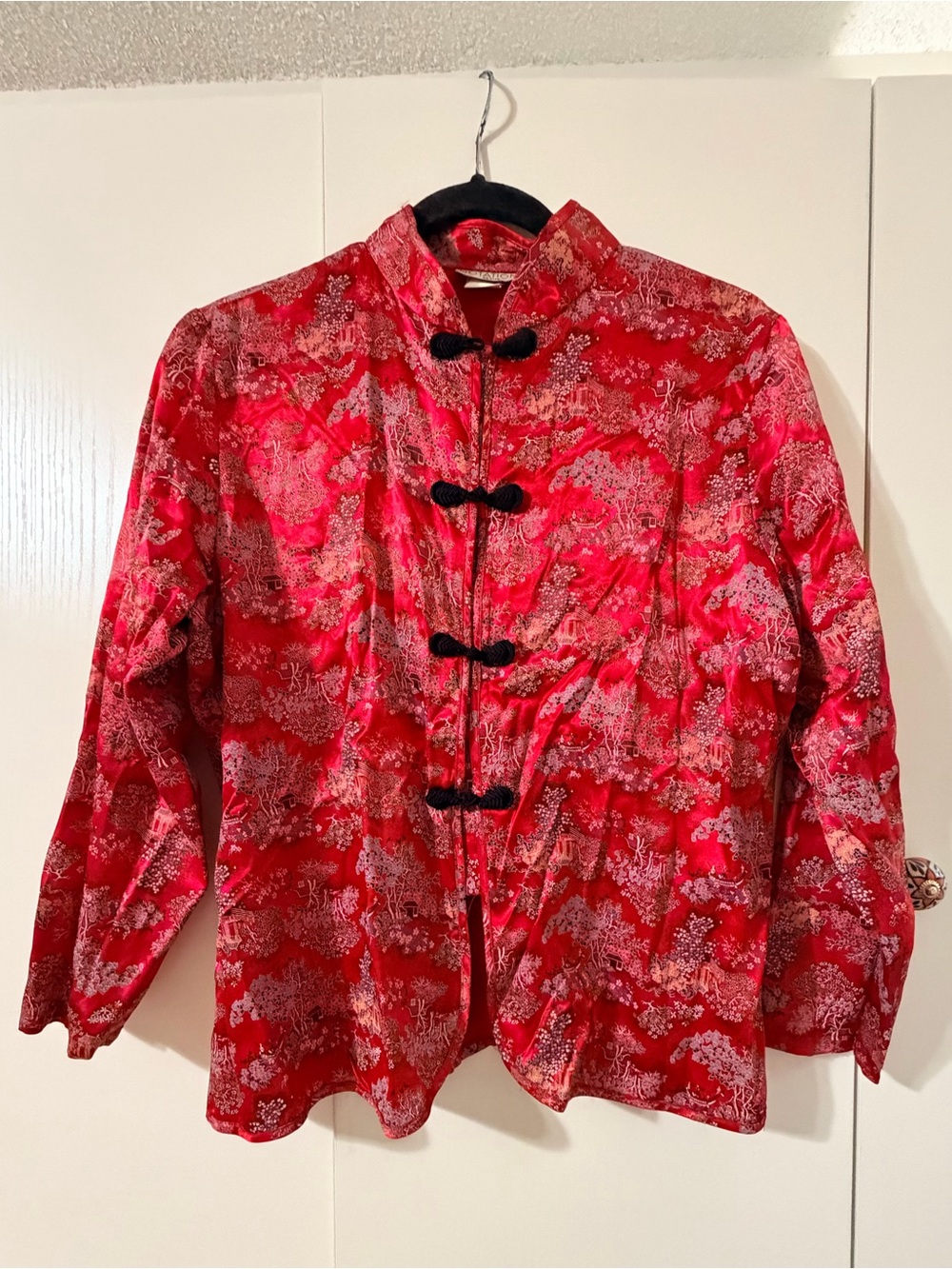 Notations Red Floral Satin Mandarin-Collar Jacket with Black Frog Closures